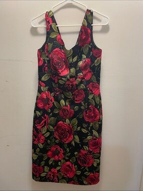 Floral V-Neck Midi Dress in Black with Red Rose Print